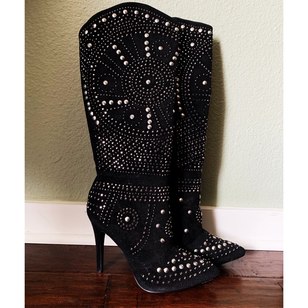 Sexy Faux-Suede Black Studded Boots